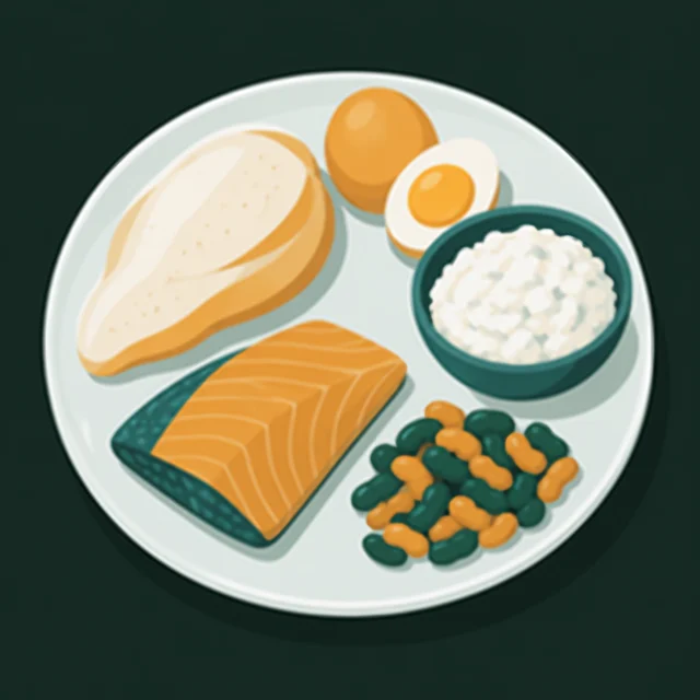 Иллюстрация: курица, яйца, творог, рыба и фасоль на тарелке