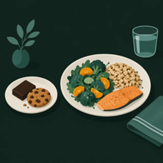 Иллюстрация: печенье и шоколад рядом с обычной тарелкой с овощами, крупой и рыбой